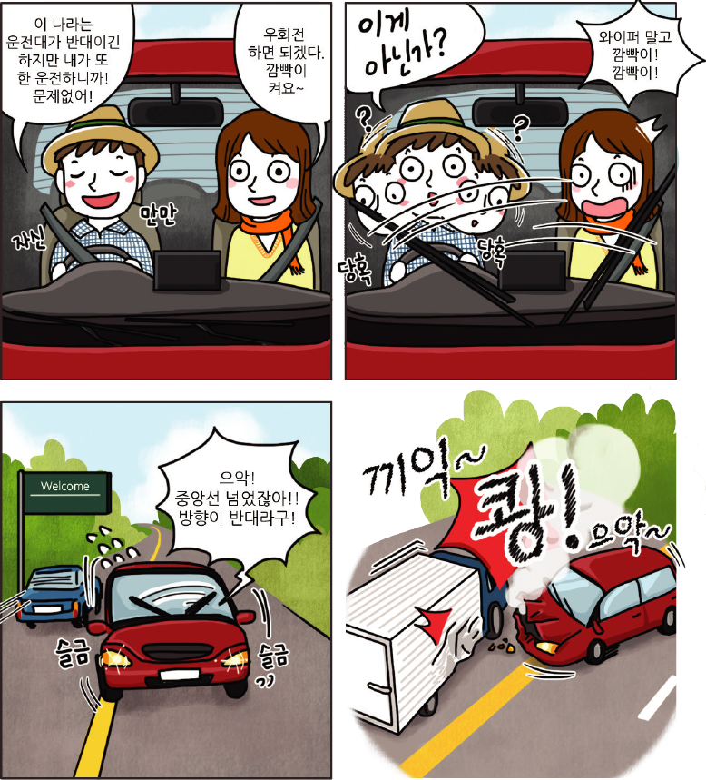 1컷-이 나라는 운전대가 반대이긴 하지만 내가 또 한 운전하니까! 문제없어! 하고 자신만만한 남자와 우회전하면 되겠다. 깜빡이 켜요~하는 여자가 있는 장면, 2컷-깜빡이가 아니라 와이퍼를 켜고 이게 아닌가? 하고 당혹하는 남자와 와이퍼 말고 깜빡이!깜빡이! 하고 여자가 놀라는 장면, 3컷-으악! 중앙선을 넘었잖아! 방향이 반대라구! 하는 장면, 4컷-끼익~쾅! 으악~ 하고 교통사고가 나는 장면