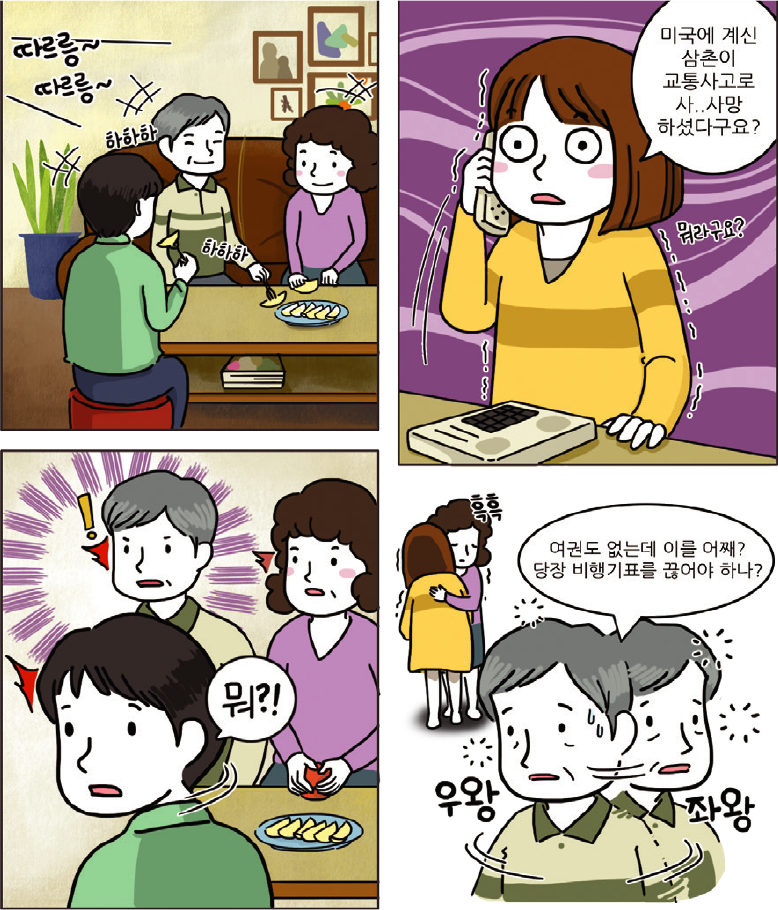 1컷-하하하 웃는 가족들과 따르릉 따르릉~ 전화가 울리는 장면, 2컷-뭐라구요? 미국에 계신 삼촌이 교통사고로 사..사망하셨다구요? 하고 충격받는 장면, 3컷-뭐?! 하고 가족들이 다 놀라는 장면, 4컷-흑흑 우는 사람과 여권도 없는데 이를 어쨰? 당장 비행기표를 끊어야 하나? 하고 우와좌왕 하는 장면